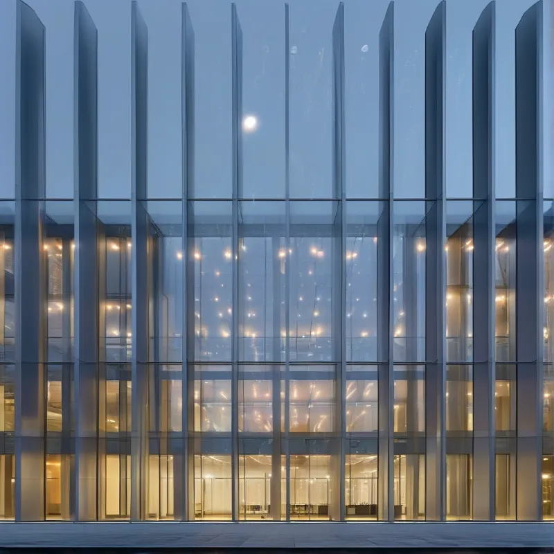 Modern glass building with vertical panels glowing warmly against a twilight blue sky.