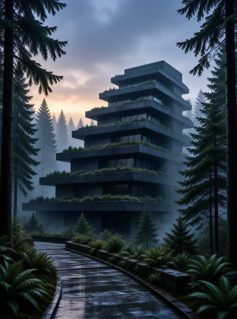A multi level green structure rises through a foggy pine forest while a wet path leads toward it under a twilight sky.