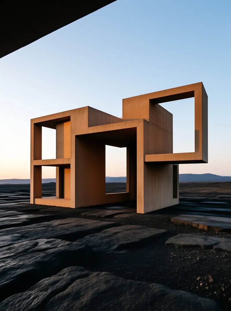 An abstract rust colored geometric steel structure with rectangular frames stands on dark volcanic rock under a sunset sky