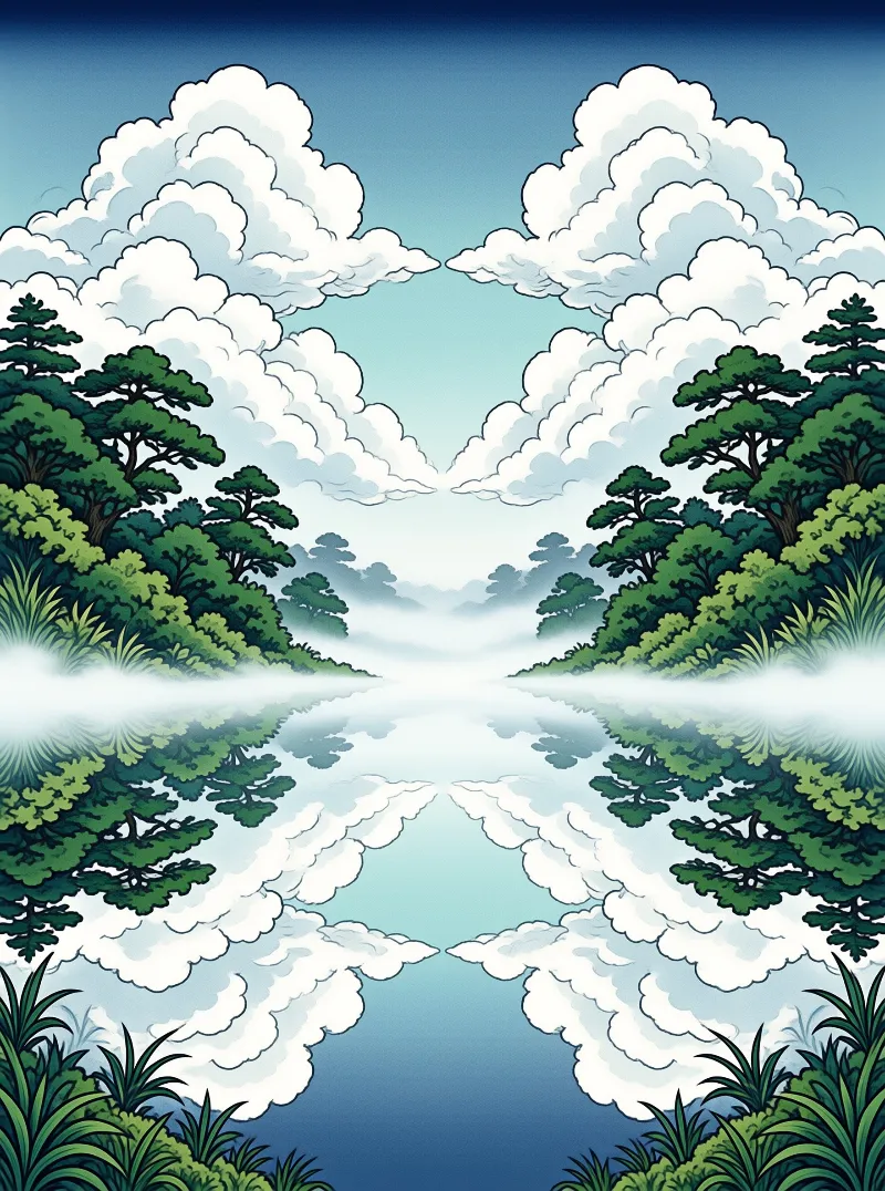 Symmetrical evergreen hills mirror perfectly in calm still water, with puffy white clouds framing a bright hazy horizon.