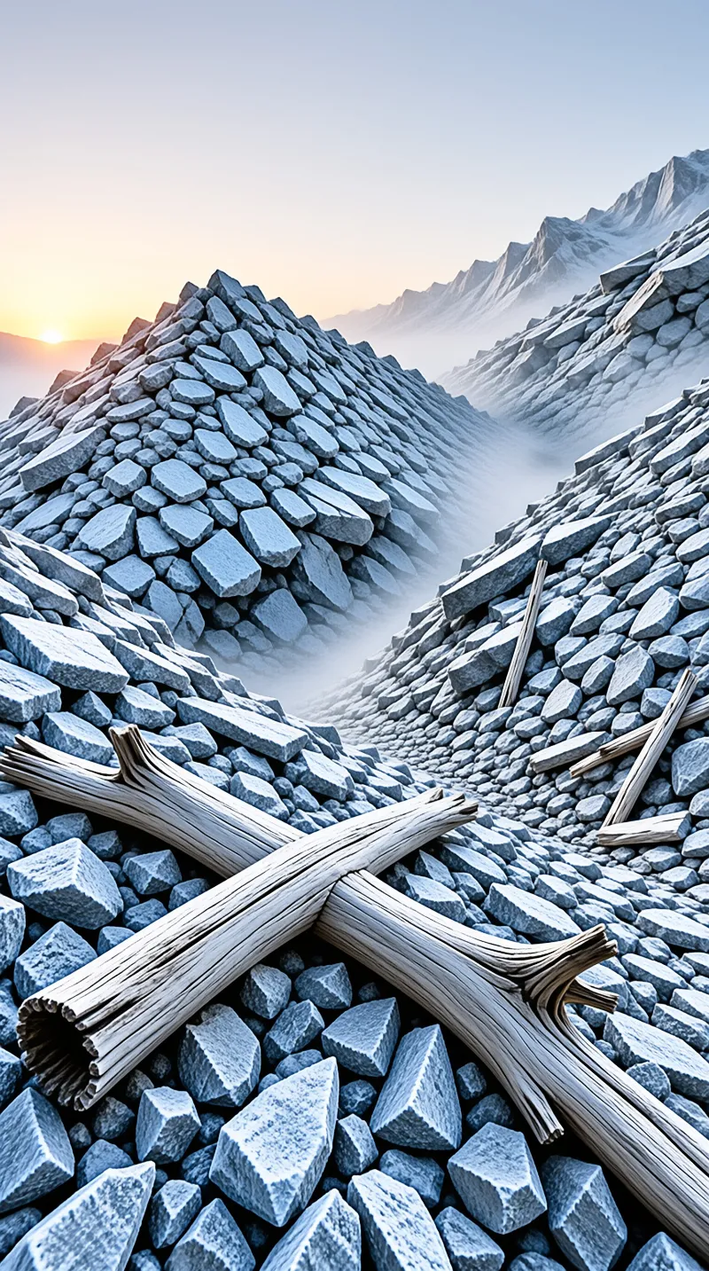 Stacked grey stones form surreal mountains sloping down a misty valley with weathered wooden logs scattered in the foreground.