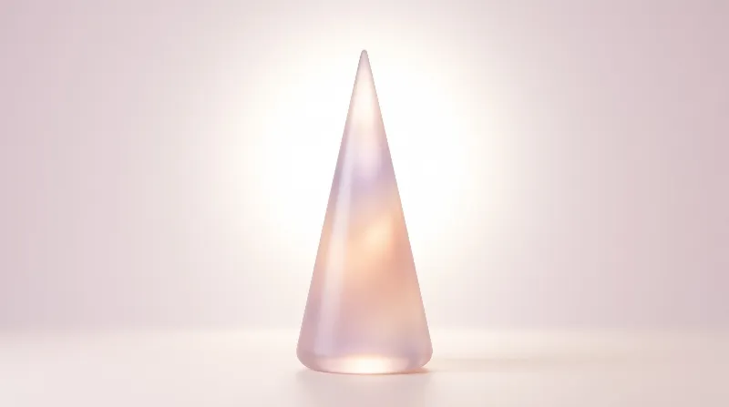 A smooth translucent crystal cone glows softly against a pale pink studio background with diffused lighting.