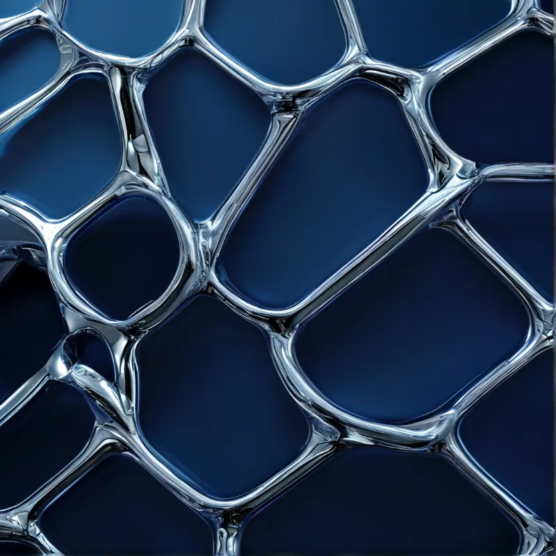 Close view of a deep blue organic network separated by shiny metallic silver ridges reflecting bright light.