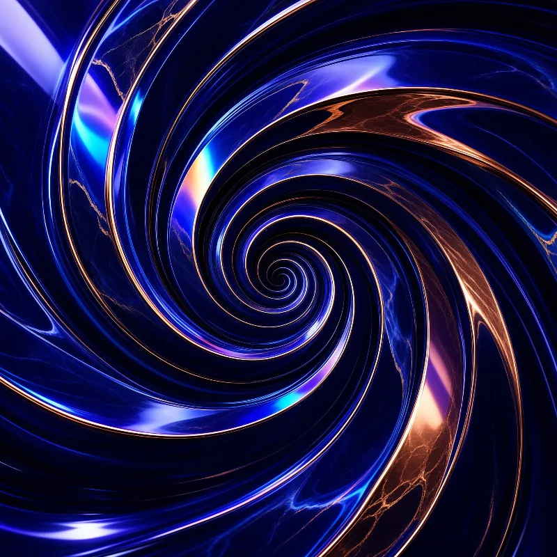 A glossy blue and copper spiral tunnel swirls inward with bright metallic reflections.