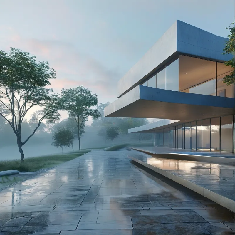 A modern cantilevered glass building stands beside a wet stone path surrounded by misty trees under soft dawn light