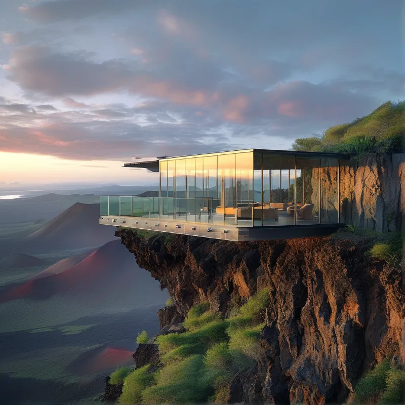 A glass fronted pavilion extends from a grassy rocky cliff, reflecting warm dusk sunlight over distant rolling volcanic hills