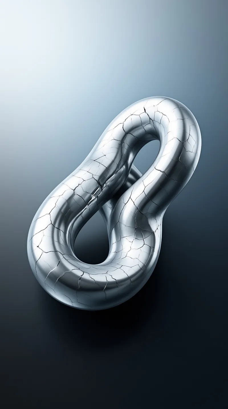 A cracked silver twisted figure eight shaped sculpture rests against a dark blue to pale blue gradient background