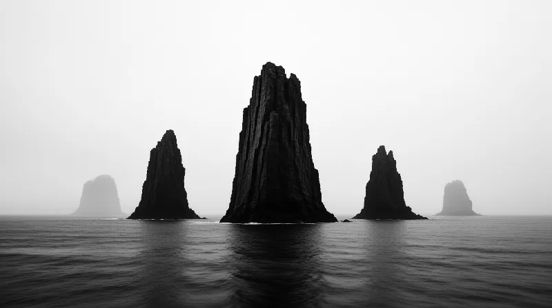 Three jagged stone pillars emerge from calm seas beneath a uniform overcast sky.
