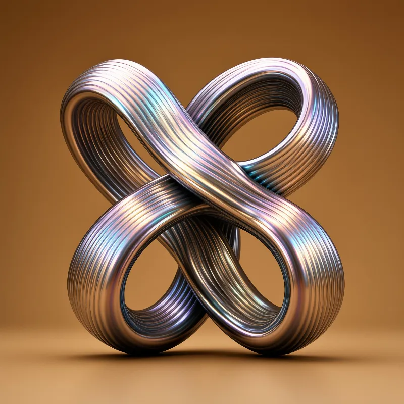 A four-loop metallic sculpture with finely ribbed surfaces shimmers in pastel hues against a warm bronze backdrop.