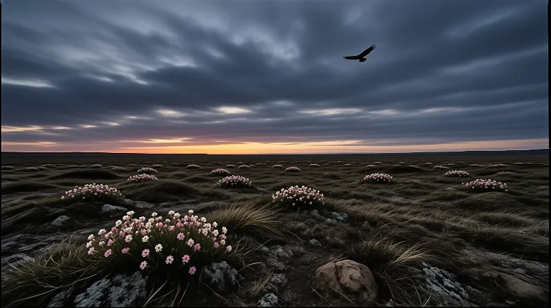 A raptor flies above a wide grassy plain dotted with small blooms under a cloudy sky glowing orange at the horizon.