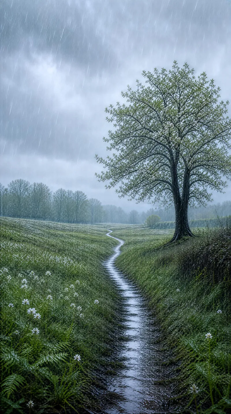 Rainy Path and Lone Tree