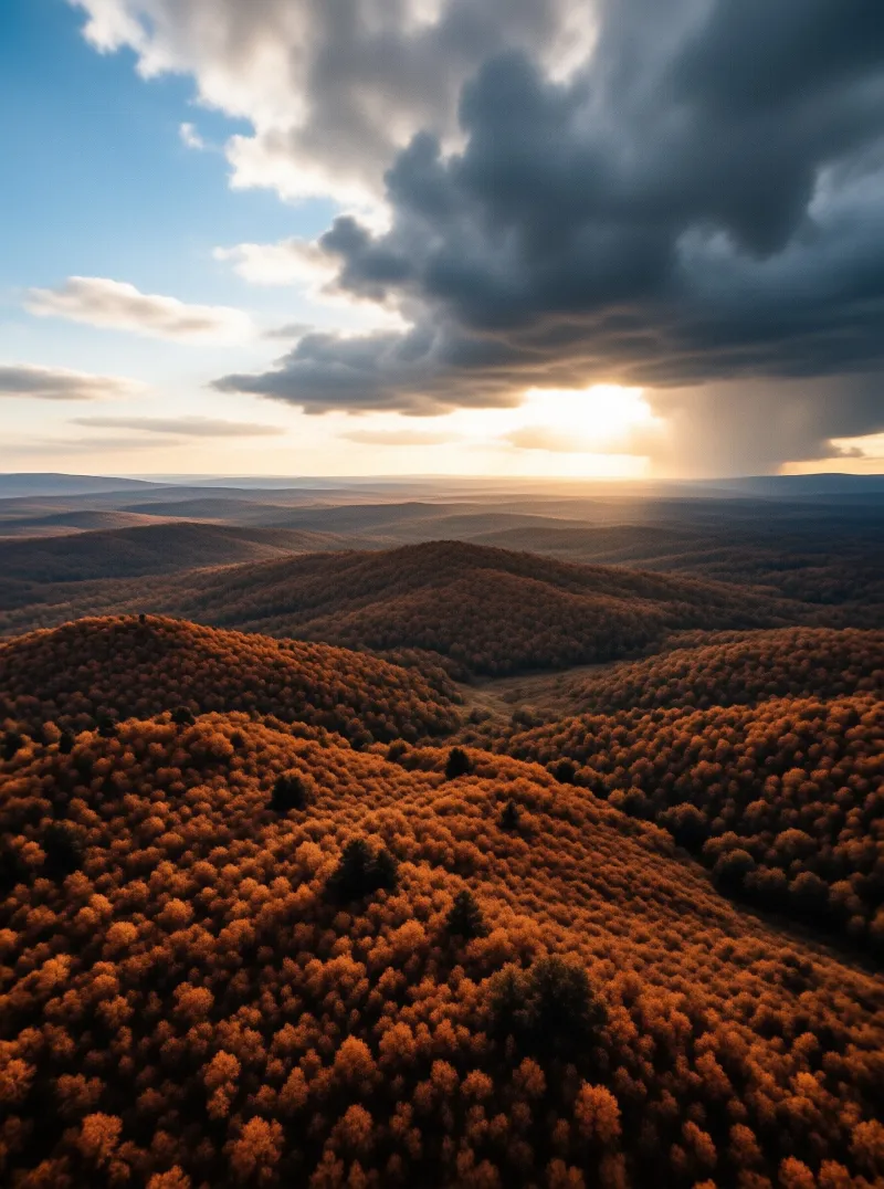 Aerial view of rolling hills covered in orange autumn trees under dramatic clouds with a golden sunburst at the horizon.