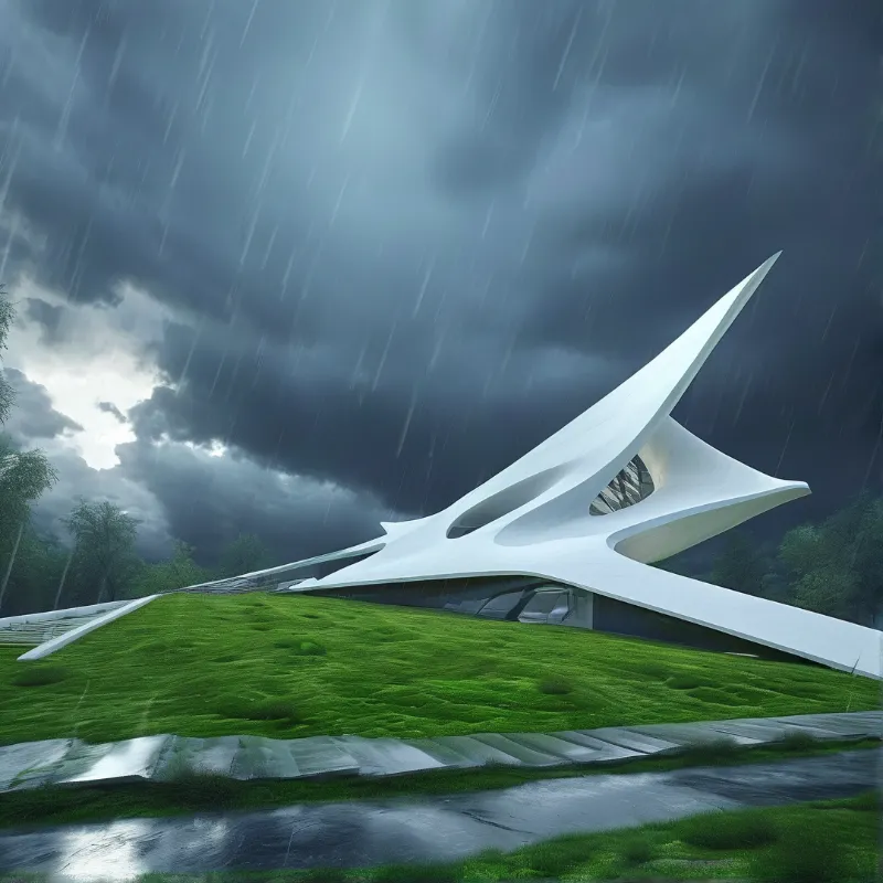 A sculptural white building sits atop a lush green mound beneath a sky filled with dark storm clouds and rain.