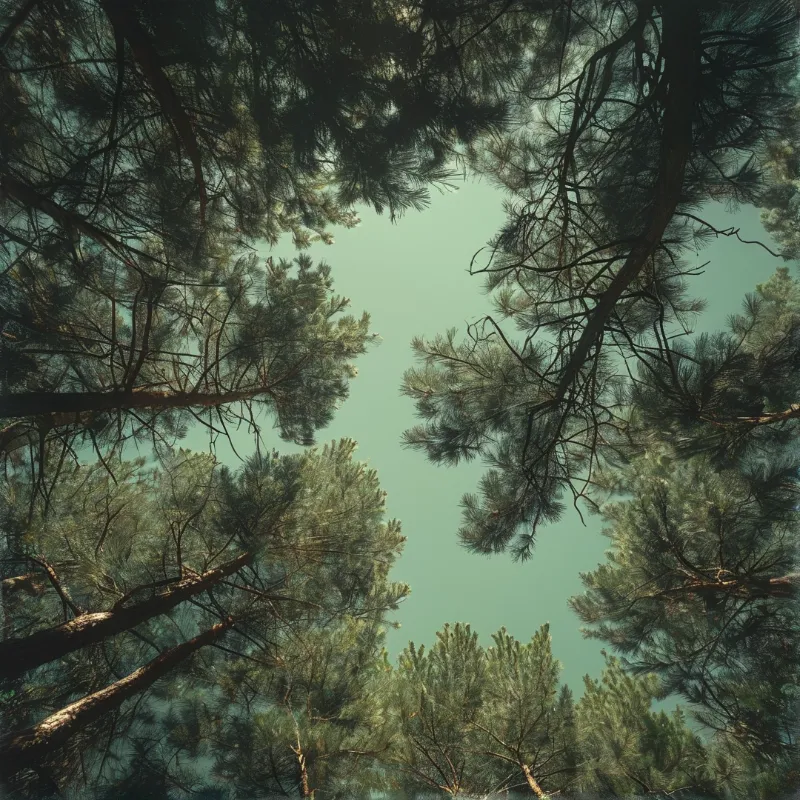 Low angle view looking up through dense pine branches towards a hazy light green sky.