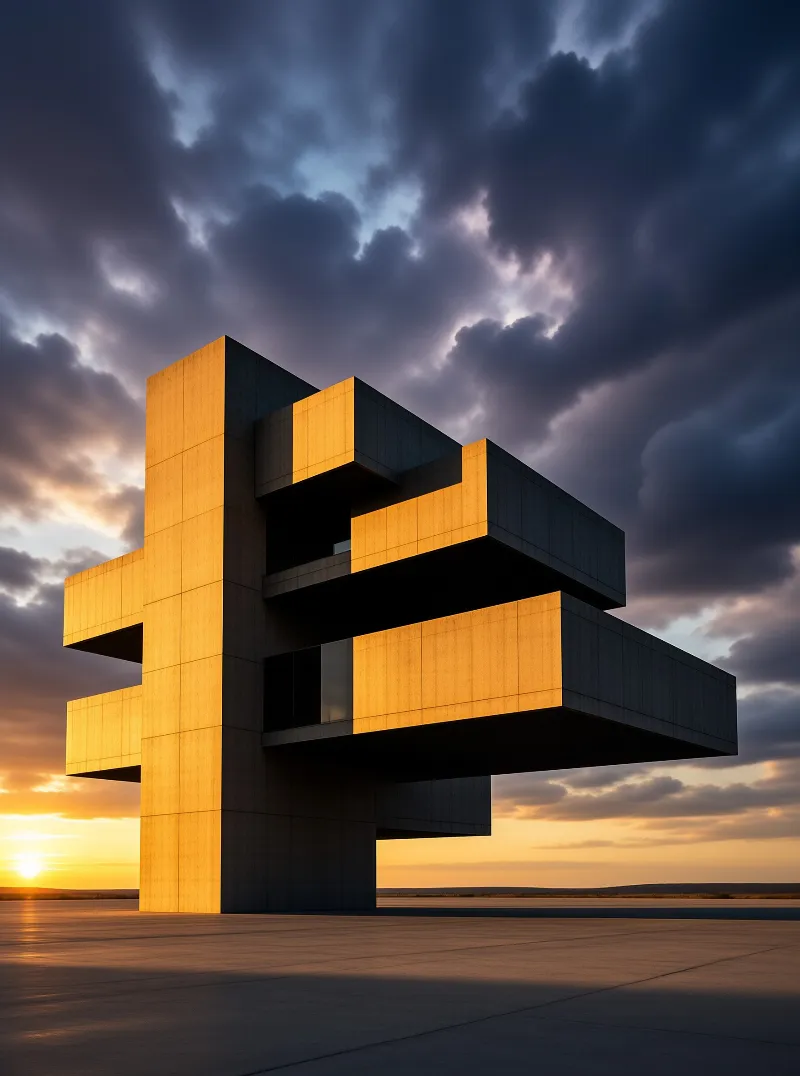 A monolithic concrete structure with dark recessed voids stands on a flat ground beneath a stormy sky with a bright low sun.