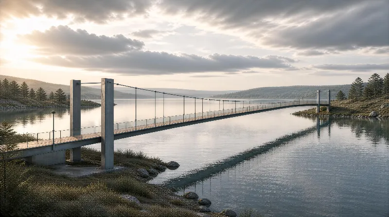 A suspension bridge spans across a calm lake under a cloudy sky with distant rolling hills on the horizon