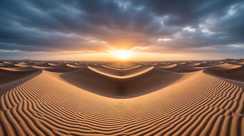 Winding sand dunes stretch toward the horizon where a bright sun sets behind dark clouds.