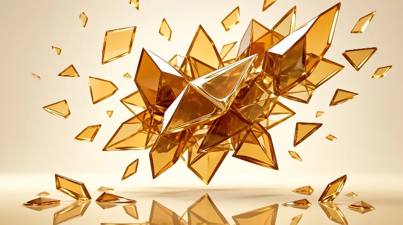 Translucent amber geometric fragments explode outward against a smooth cream backdrop with soft reflections below.