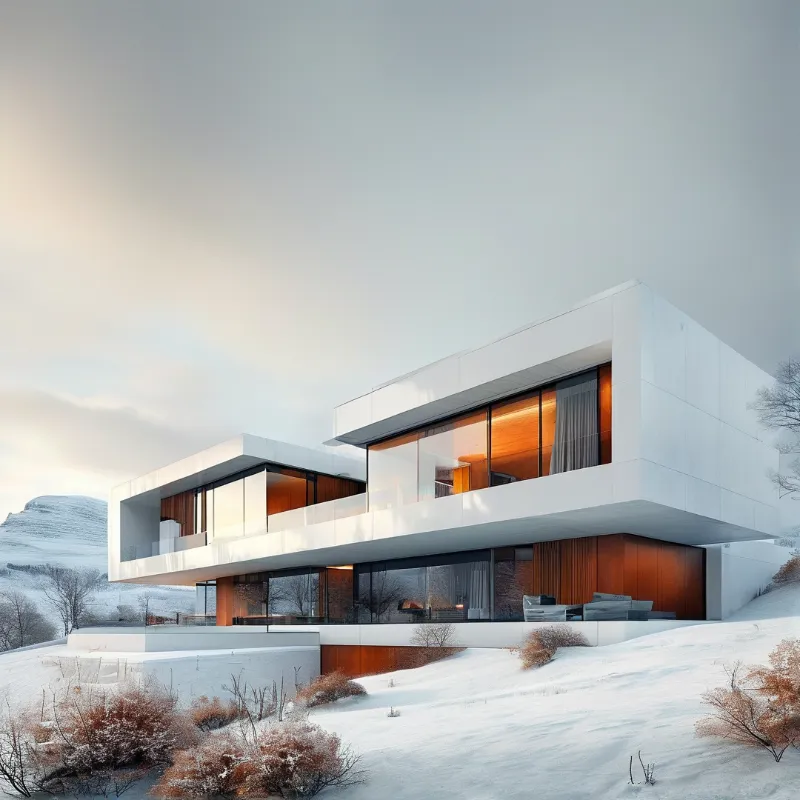 A minimalist white structure showcases large windows emitting warm light within a snowy mountain setting.