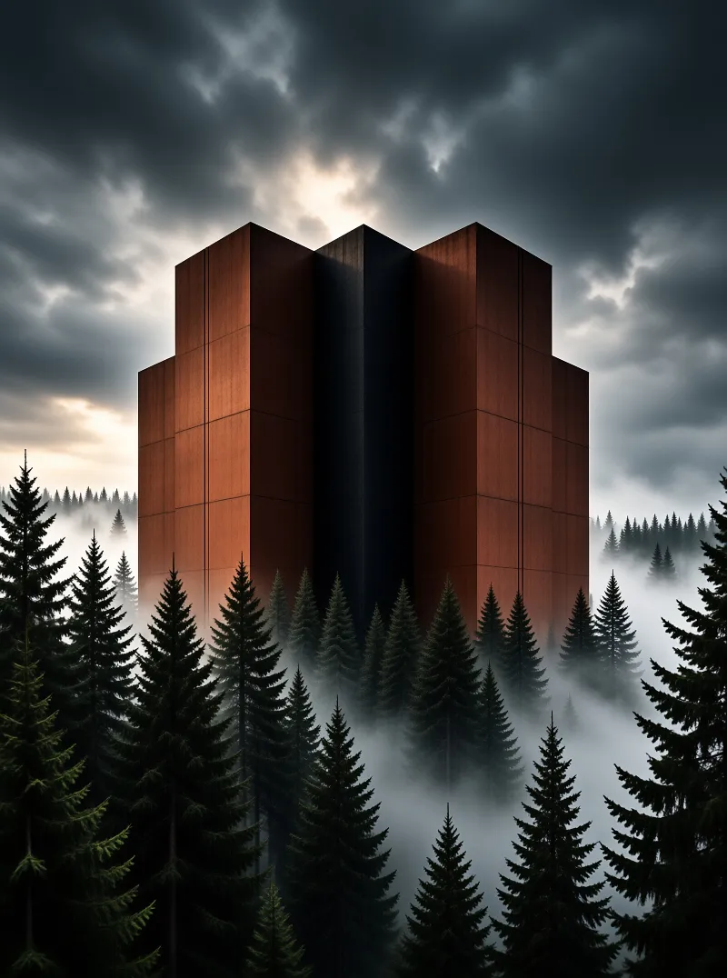 A massive geometric wooden building stands tall among evergreen trees shrouded in thick fog under a cloudy sky.