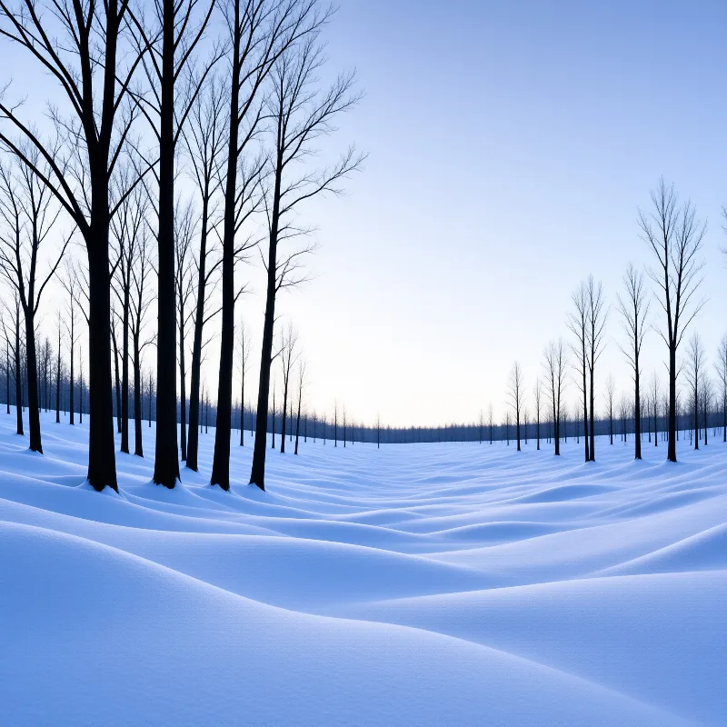 Rolling white snowdrifts flow beneath dark leafless trees against a soft gradient blue sky at dawn.