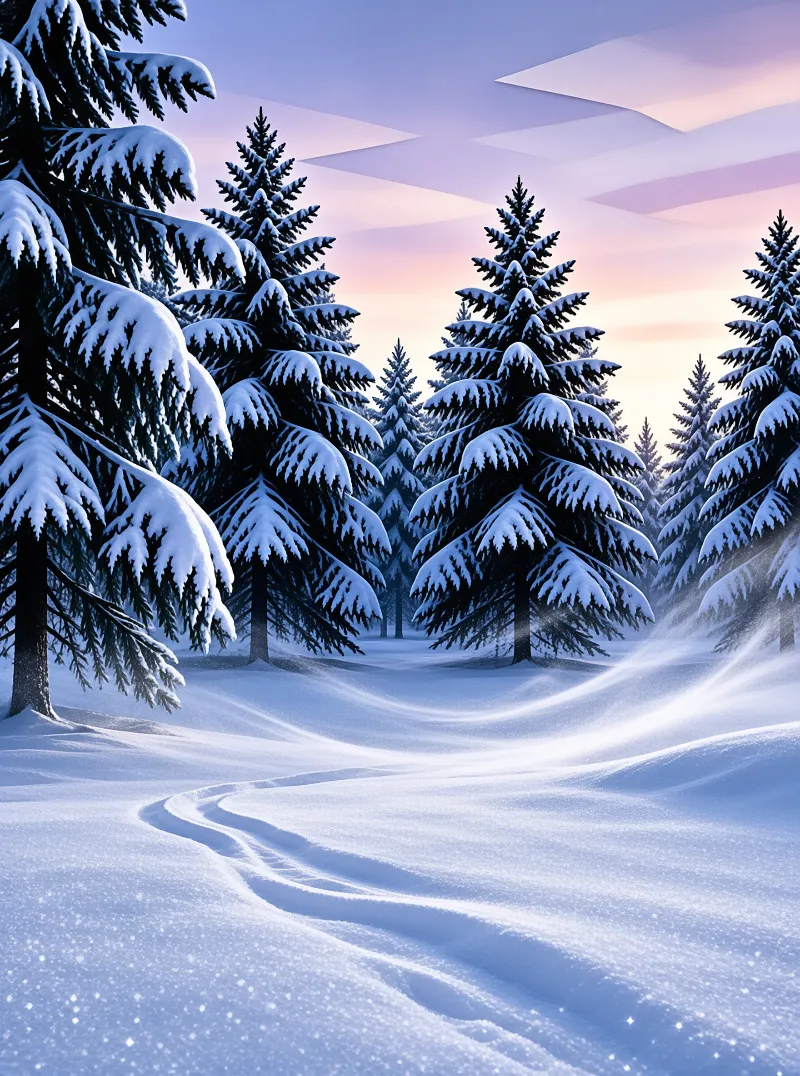 Heavy white snow bends the boughs of a conifer stand as wind sweeps powder along a track under a pink dawn sky.