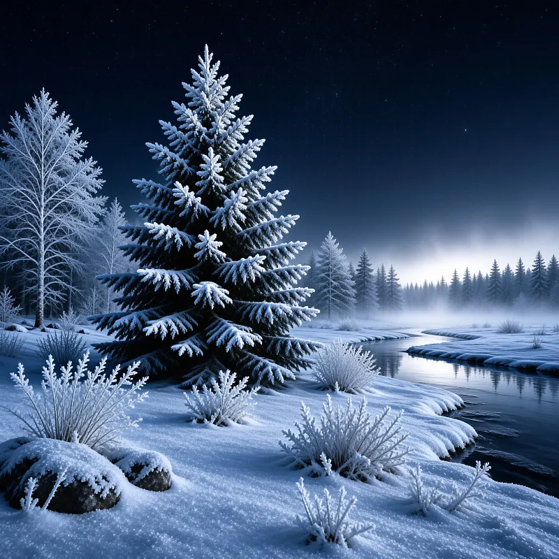 A large snow-covered fir tree stands beside a winding river under a starry dark blue night sky with fog over the water.