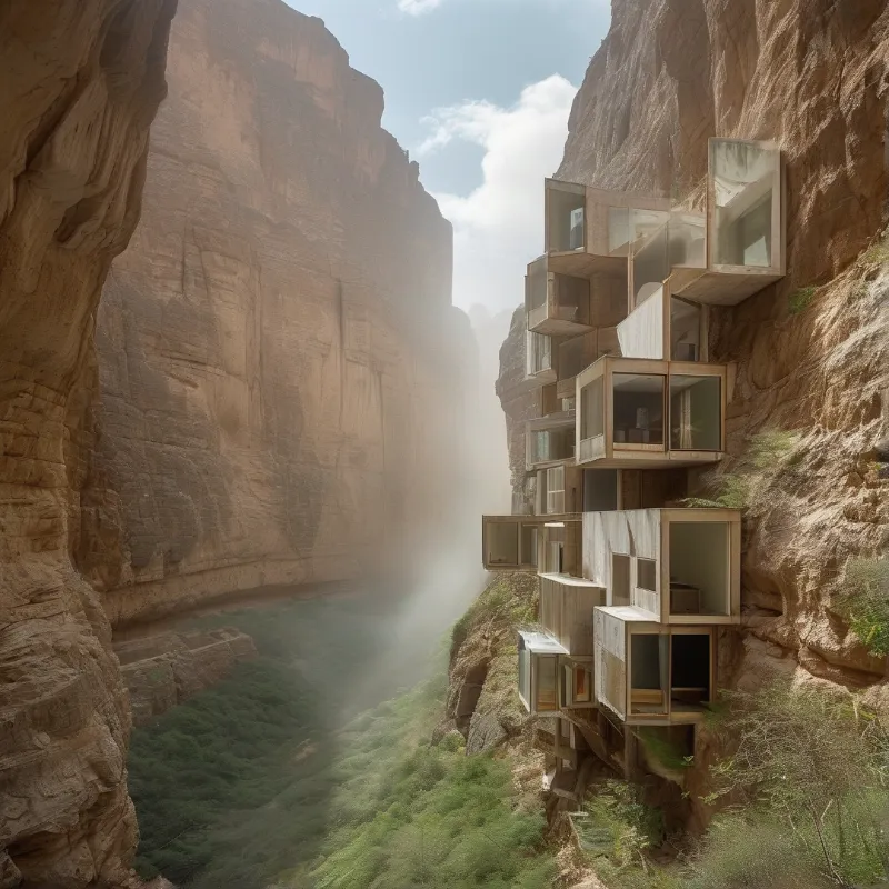 Modular glass cabins are built into a sunlit sandstone canyon cliff, soft fog drifts between the tall bare rock faces.