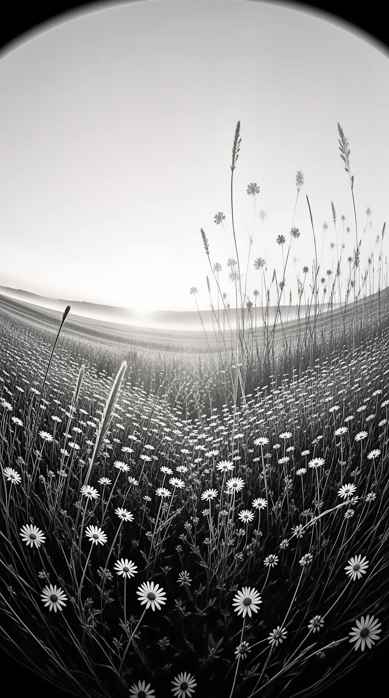 White daisies and tall grass fill a field stretching toward misty hills under a bright sky in black and white.