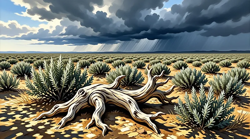 A pale gnarled tree trunk lies on sandy ground surrounded by desert shrubs beneath heavy dark storm clouds.