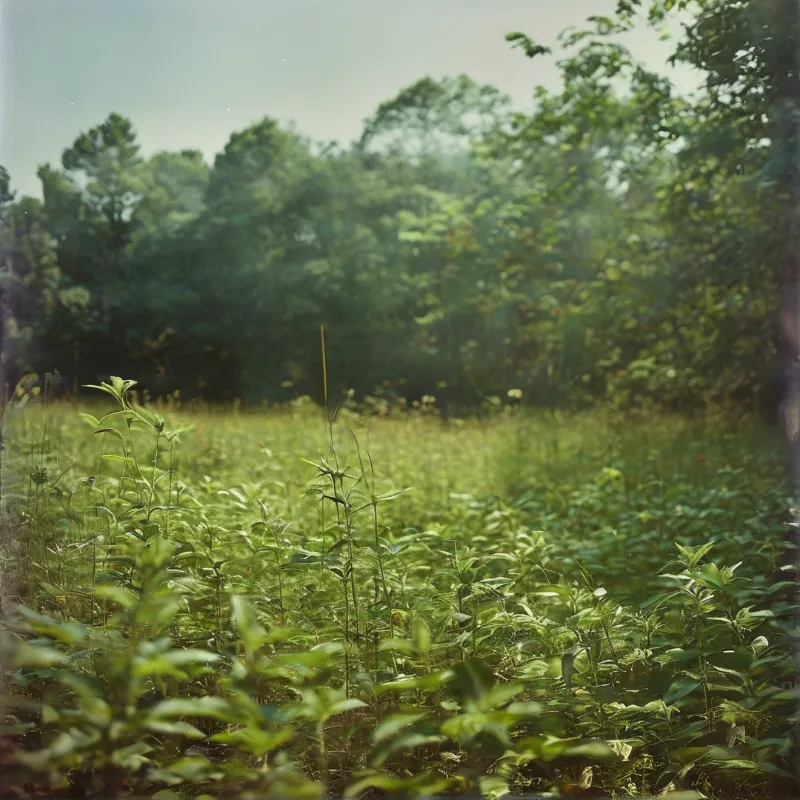 Lush low wild vegetation covers a sun dappled grassy meadow next to a dense hazy forest under a soft pale sky.