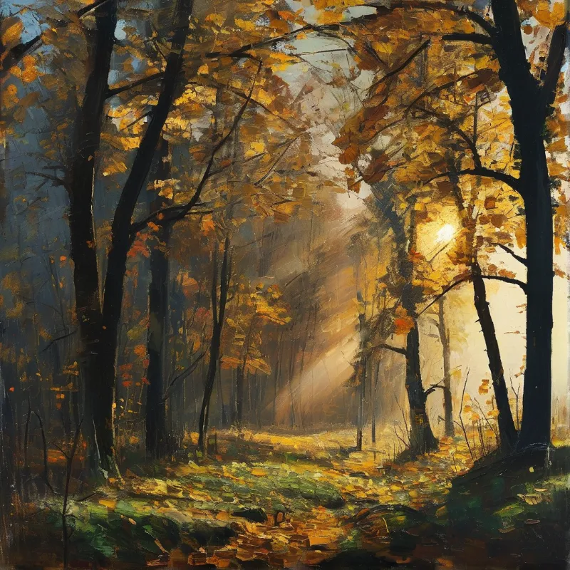 Thick palette knife strokes build dark trunks and gold foliage around a shaft of low light in an autumn wood.