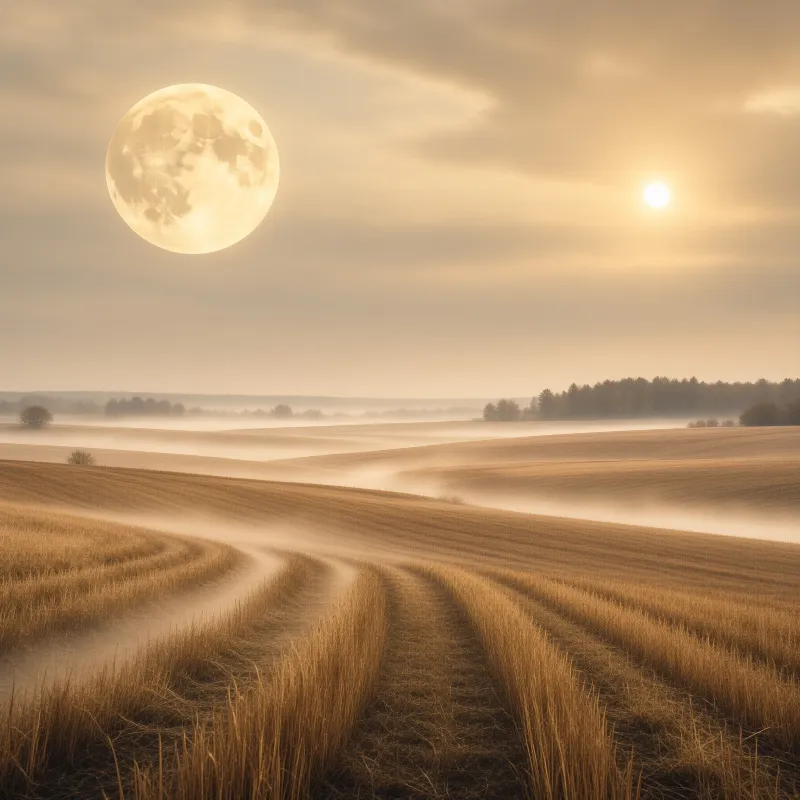 A massive full moon and a distant sun shine above a foggy landscape of rolling golden hills and curved dirt paths.