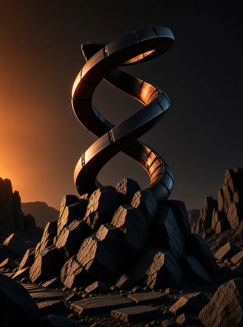 A coiled steel ribbon twists skyward from a pile of broken stones while low sun edges its curves.