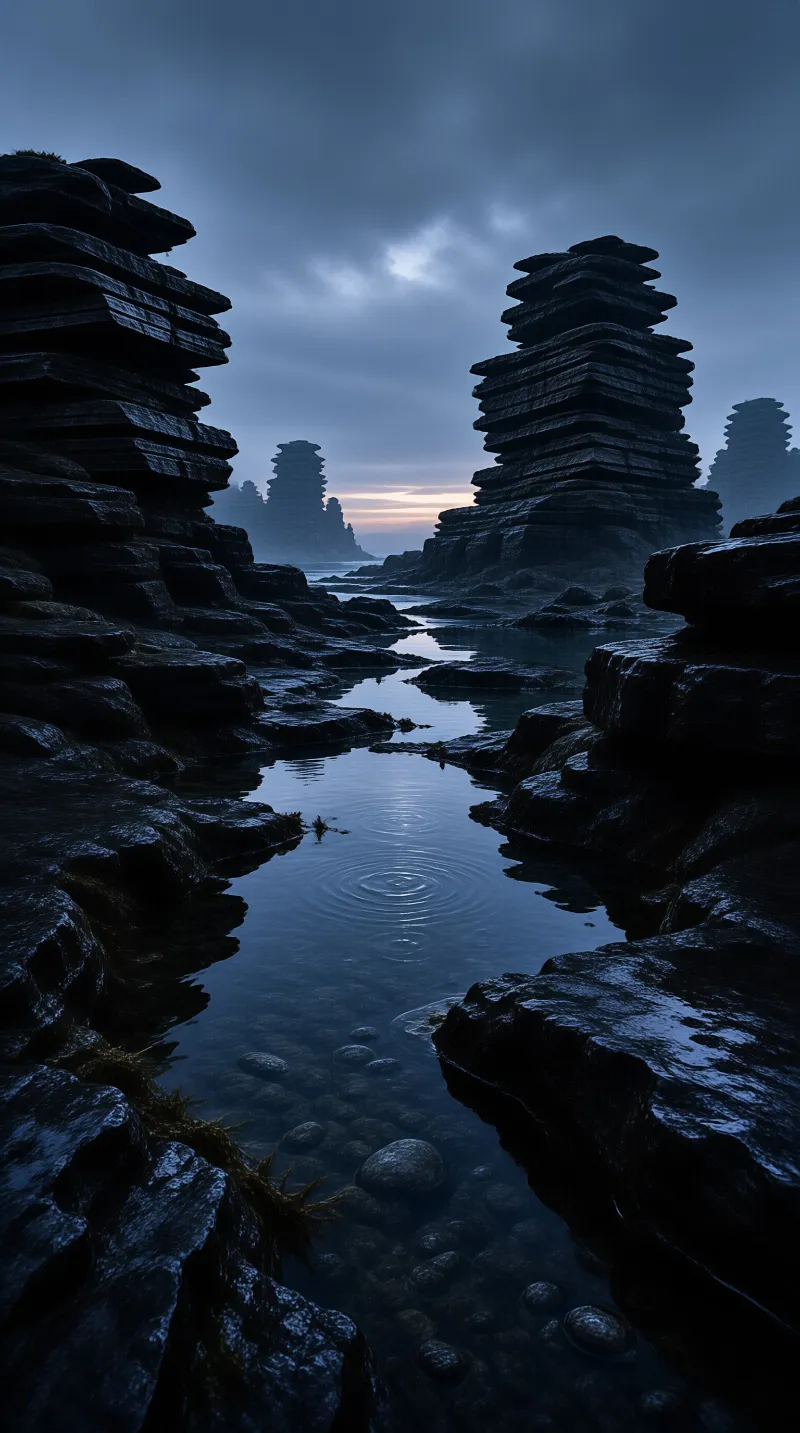 Steep cliffs of dark wet rock frame a still stream leading towards a faint orange glow at the horizon.