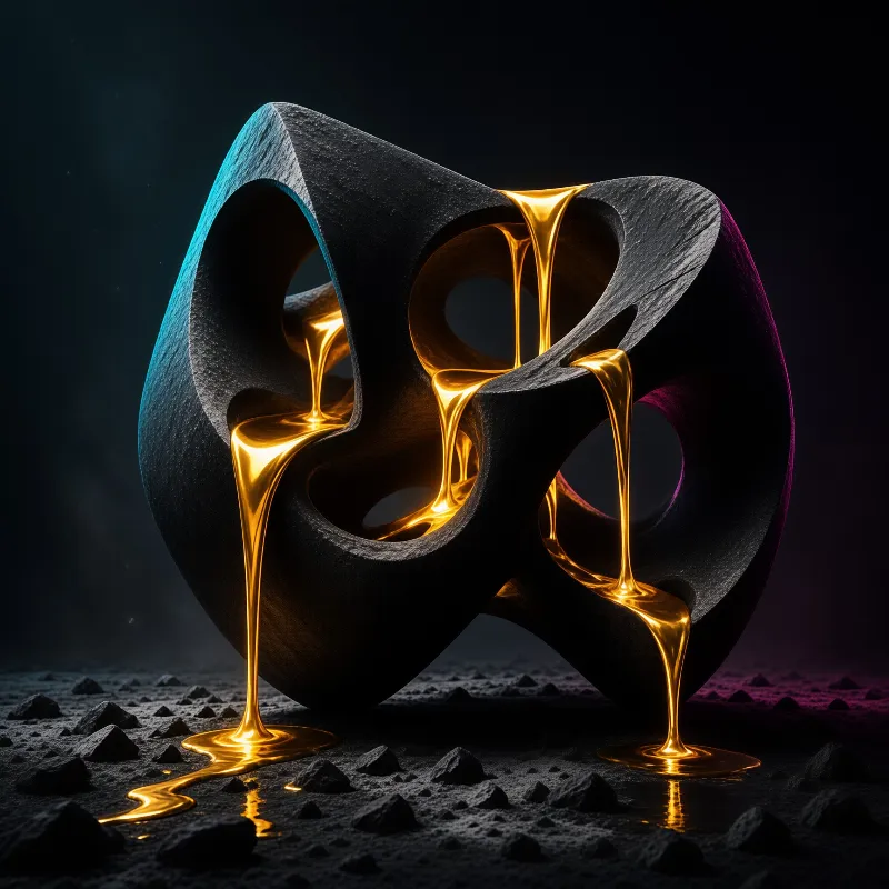 Glowing golden liquid flows through the holes of a dark textured sculpture resting on a rocky surface.