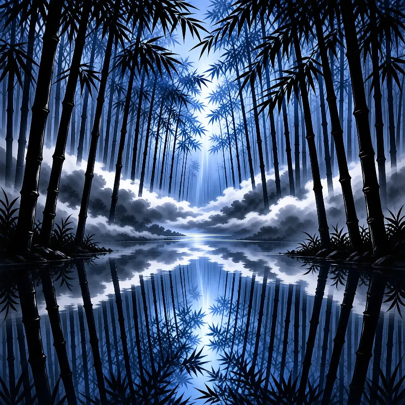 Dark bamboo stalks frame a calm lake reflecting the trees and a bright beam of cool blue light filtering through the mist.
