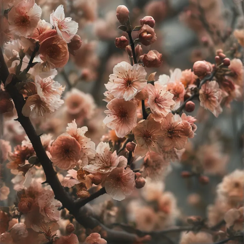Delicate pink and cream cherry blossoms open along dark branches over a dreamy blurred gray and rose background.