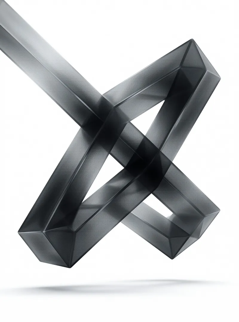 A dark faceted object twists into a complex shape while hovering above a clean white surface.