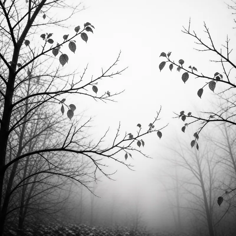 Dark tree branches with scattered leaves contrast sharply against a pale foggy sky.