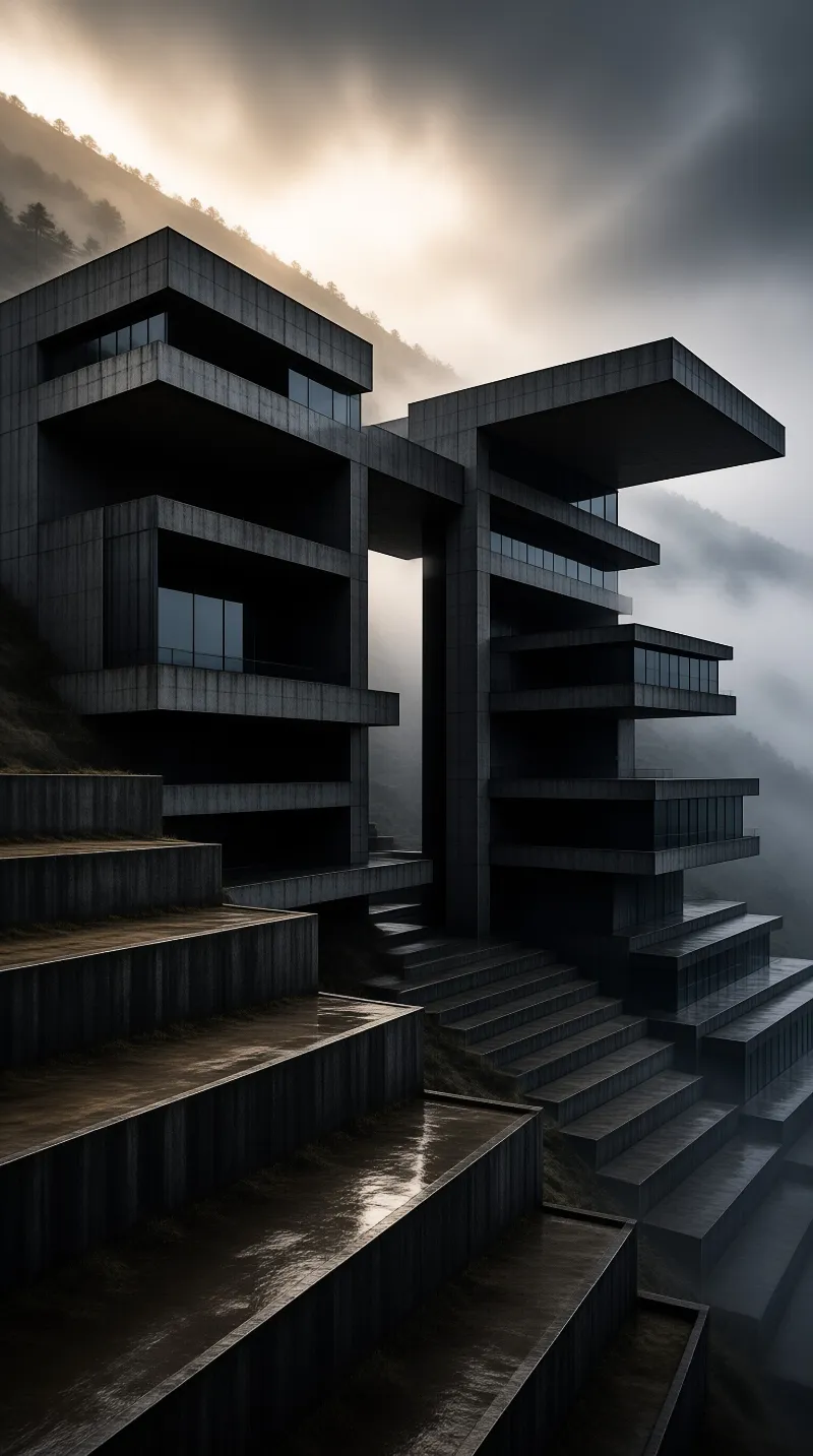 Stacked geometric concrete volumes step down a foggy hillside while pale light breaks through heavy clouds.