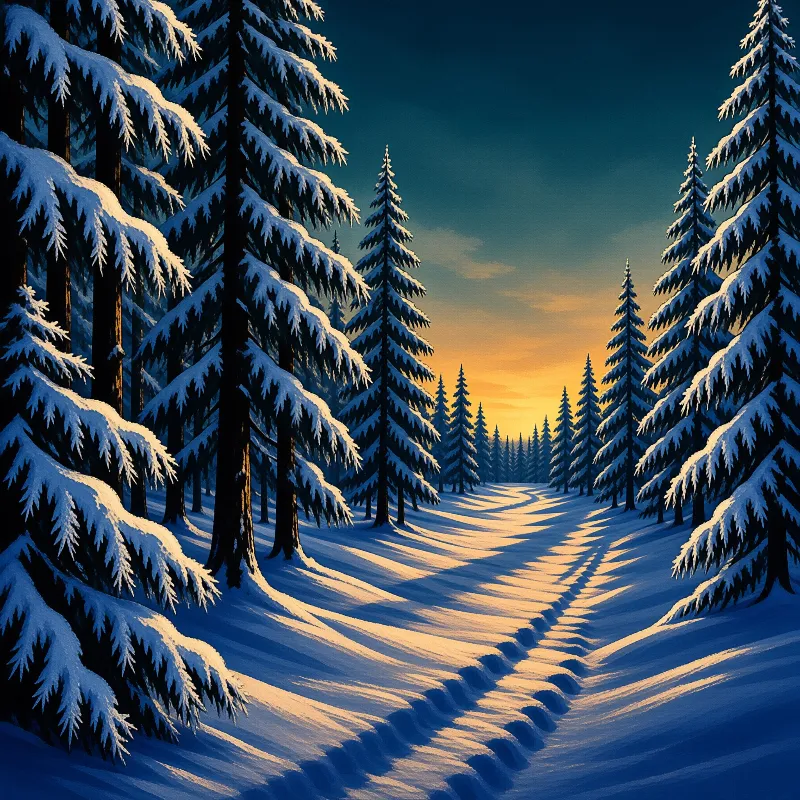 A winding snow path through tall evergreens lit by warm orange sunset light contrasting with cool blue shadows.