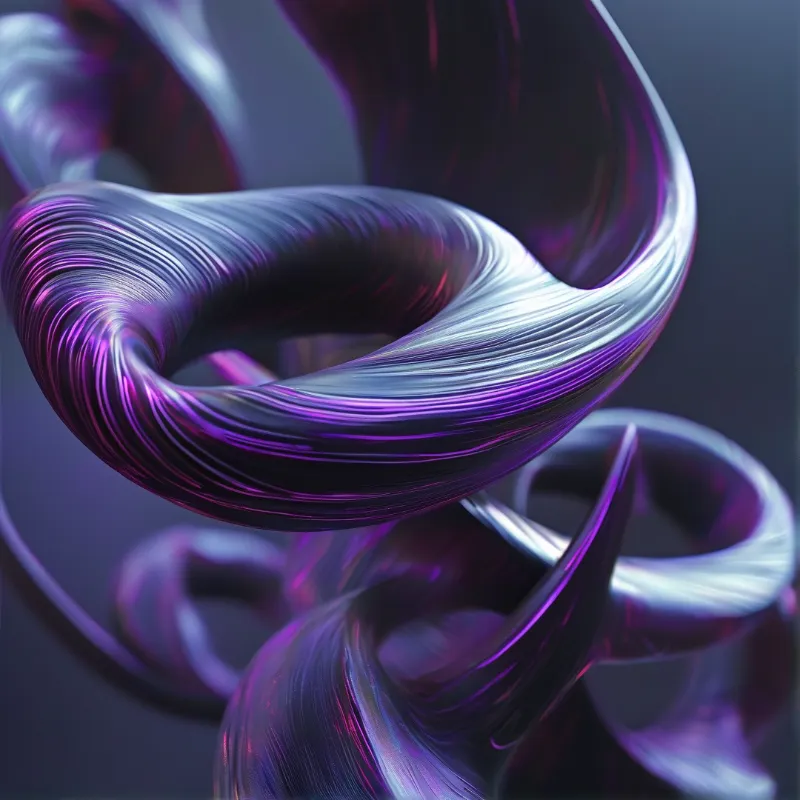 Glossy flowing metallic forms curve through a dark void reflecting vibrant purple and silver highlights.