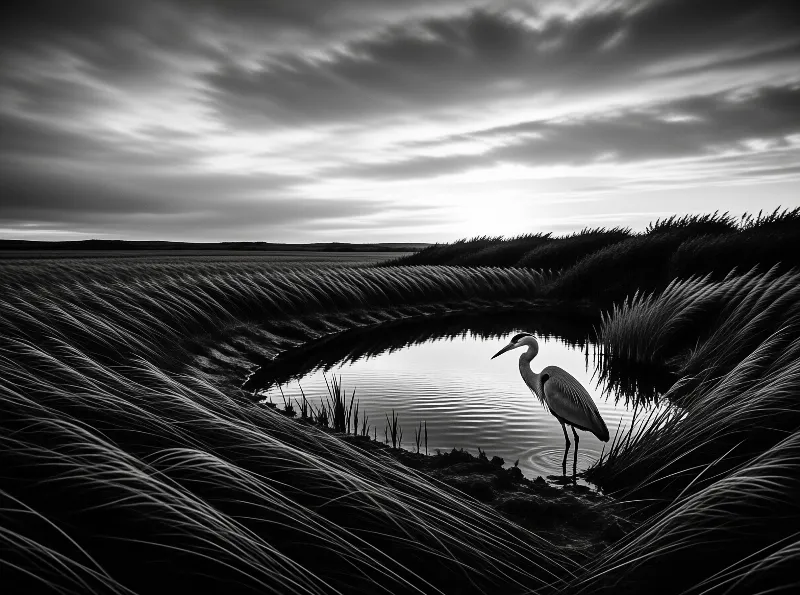 A monochrome photo of a heron standing in a marsh pool surrounded by tall windswept grasses under a dramatic cloudy sky.