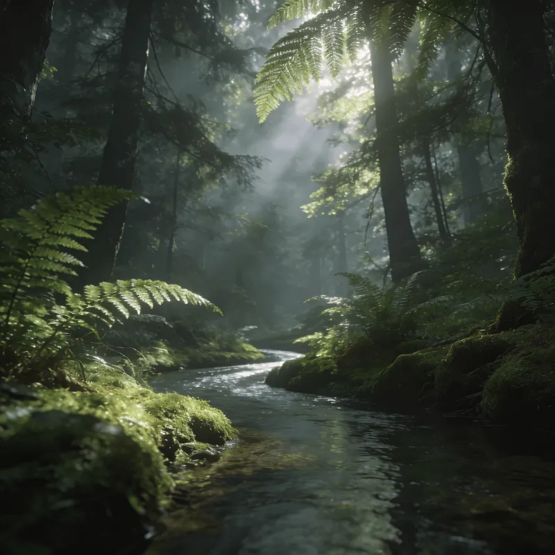 Misty Healing Forest with Sunlit Ferns