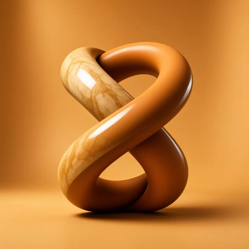A marbled and smooth brown interlocked 3D infinity loop sits on a warm orange surface with crisp studio highlights.