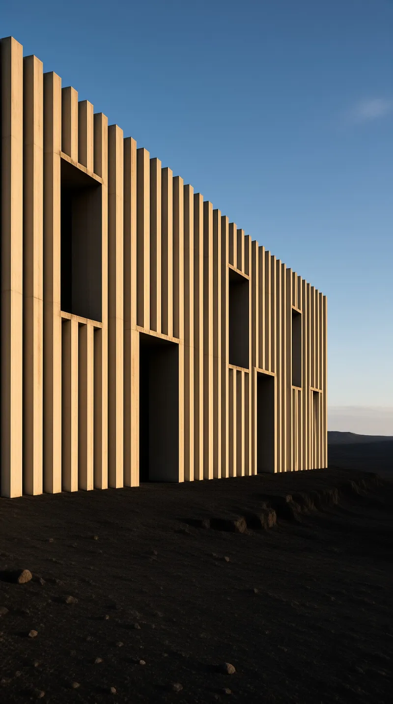 A massive beige architectural facade with rhythmic vertical fins rises from dark earth under a clear blue sky.