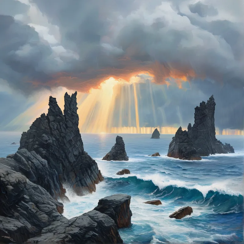 Dark rocky outcrops stand in a stormy ocean as brilliant golden rays break through heavy clouds above the horizon.