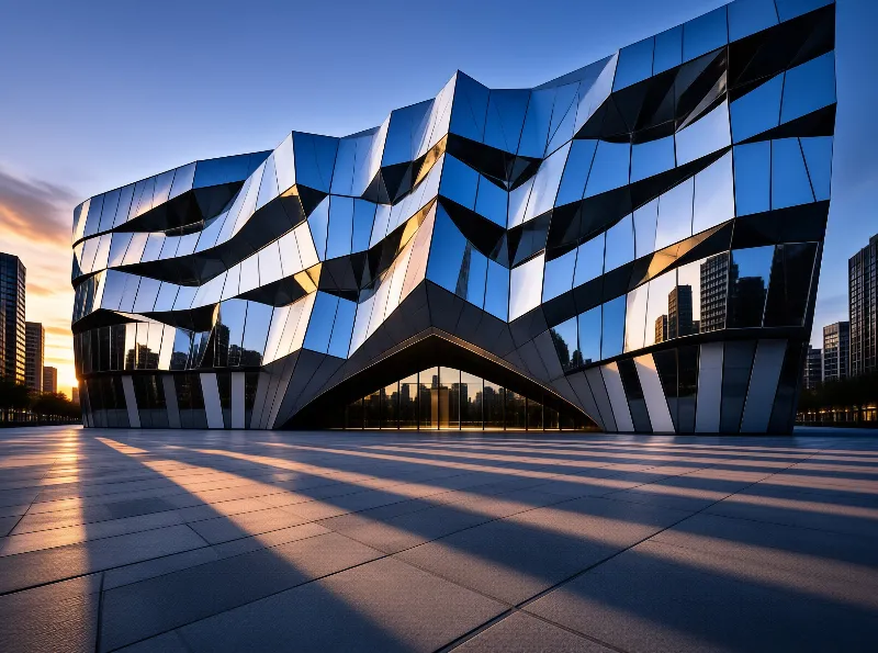 An angular crystalline glass building reflects warm sunset light across a paved city plaza.
