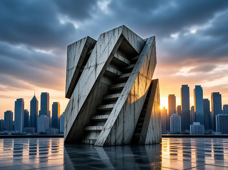 A large geometric concrete sculpture resembling a staircase stands on a wet plaza reflecting a city skyline at sunset.
